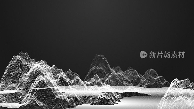 渲染白色抽象数字波形在黑暗的背景。粒子的波面。3 d的插图背景